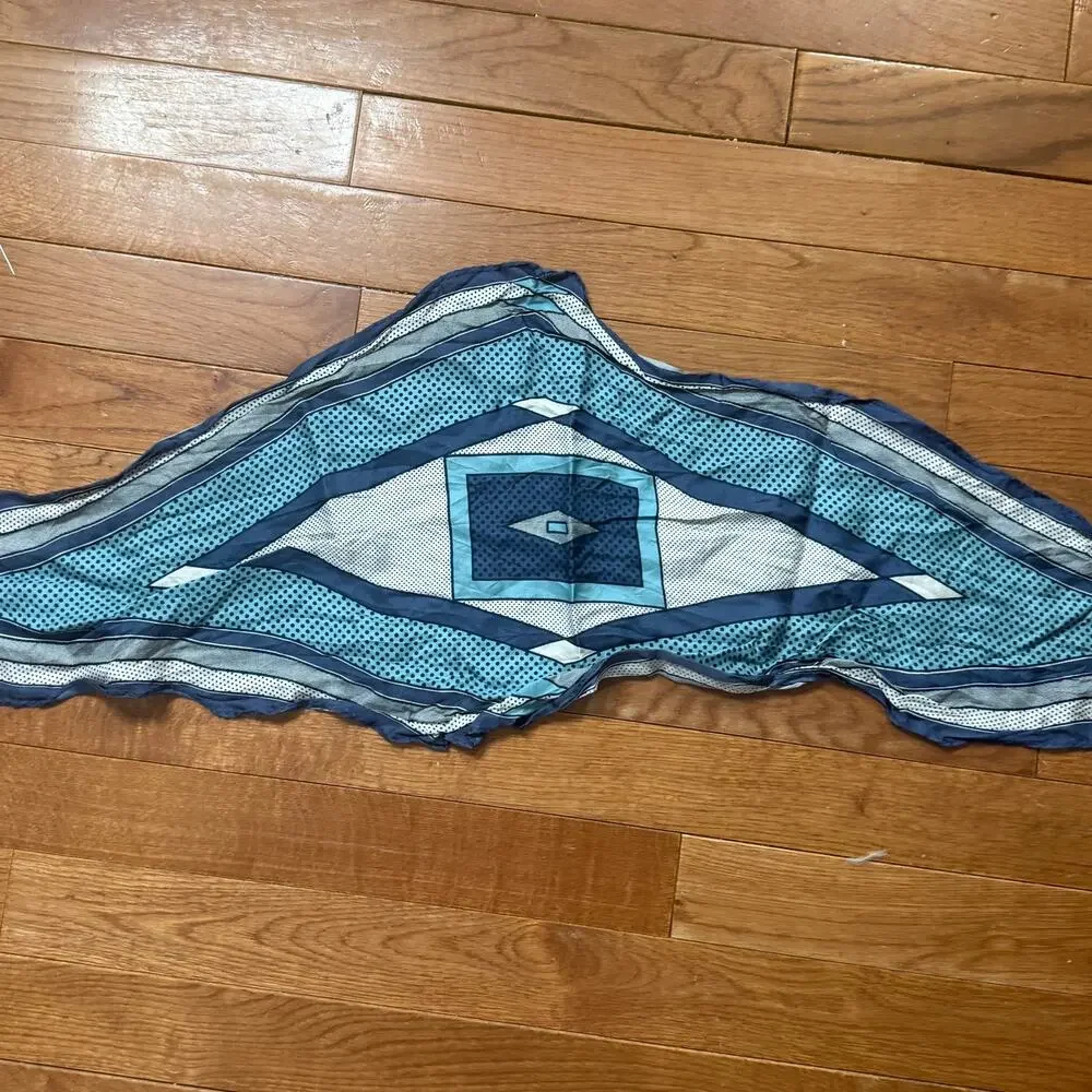 Vintage Silk Scarf Aqua Navy Geometric Polka Dot Square Neck Hair Scarf